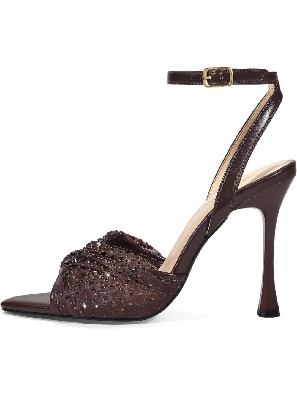 Women's Brown Mesh Rhinestone 4 Inch Strappy High Heels Sandals Pointed Open Toe